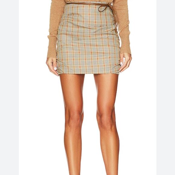 Tularosa Skirt Women Mini Stretch Ruched Plaid Brown Size Small - Picture 10 of 16